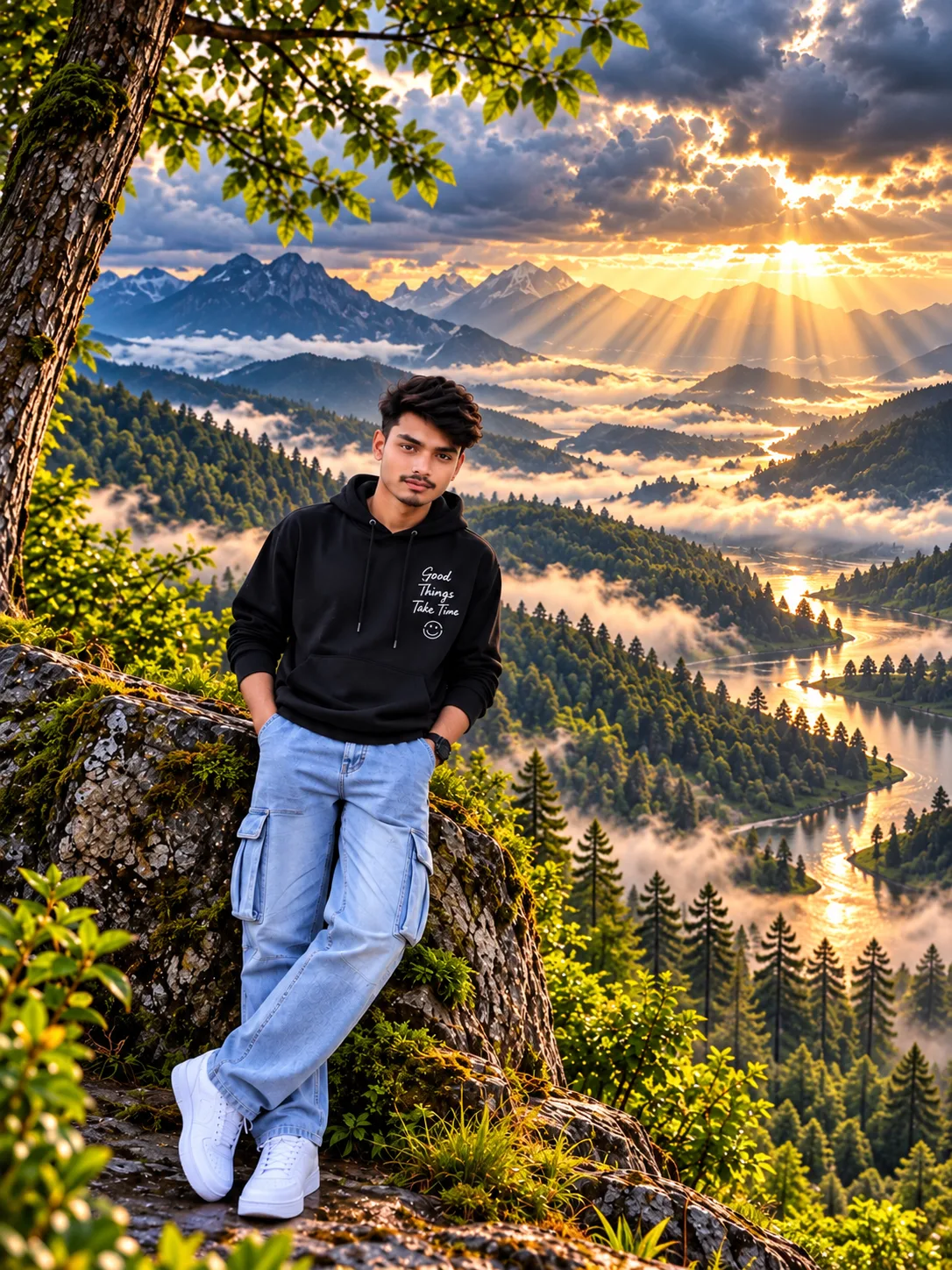 Create a cinematic, highly detailed mountain landscape in 9:16 vertical aspect ratio.
