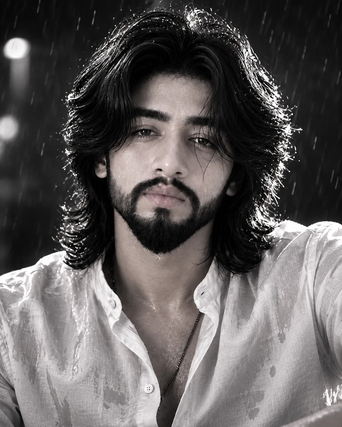 A high-quality black and white photo captures a male model with shoulder-length wavy dark hair and a beard, looking directly at the camera