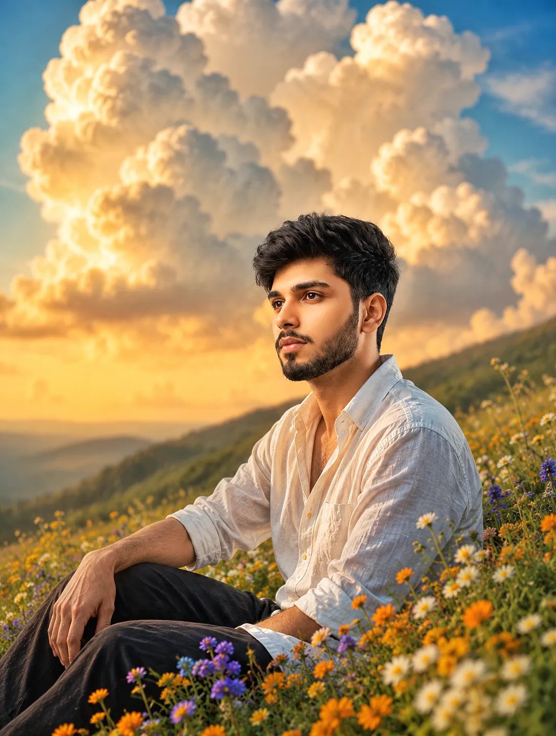 A Portrait of a young man sitting on a green hillside, looking up at the sky.