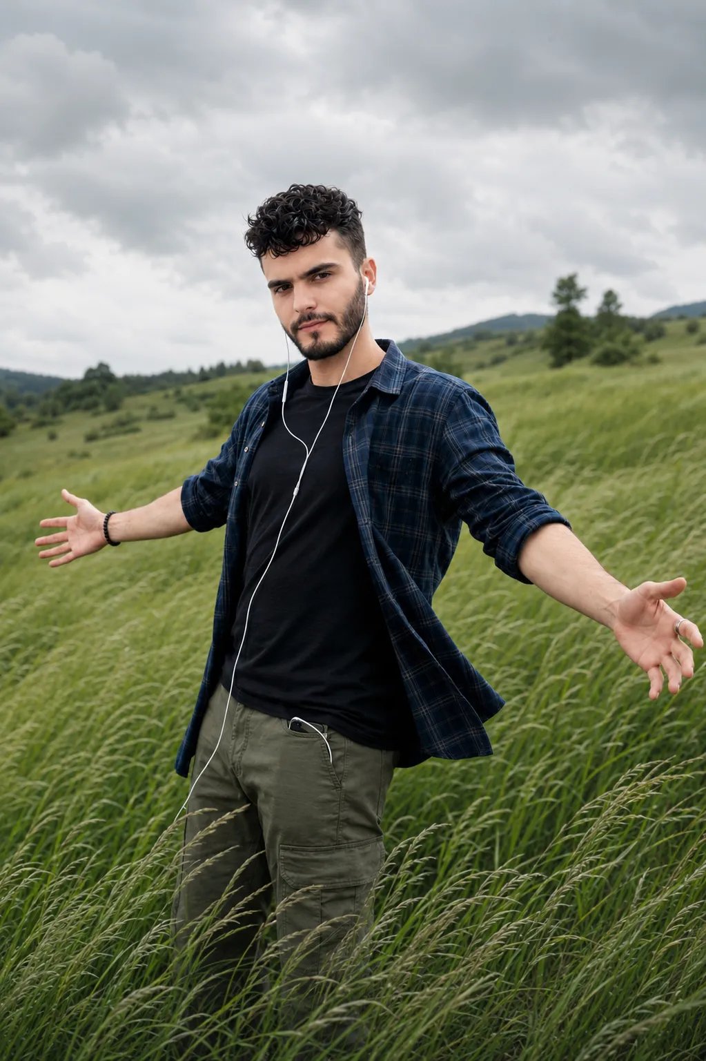 Young handsome Indian man standing in an open green field, eyes closed, face slightly tilted upward, arms spread wide, peaceful vibe.