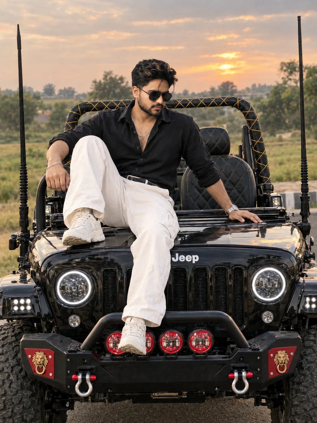Photorealistic fashion editorial photo of a stylish young South Asian man in his mid-20s with stylish black hair and light beard, wearing