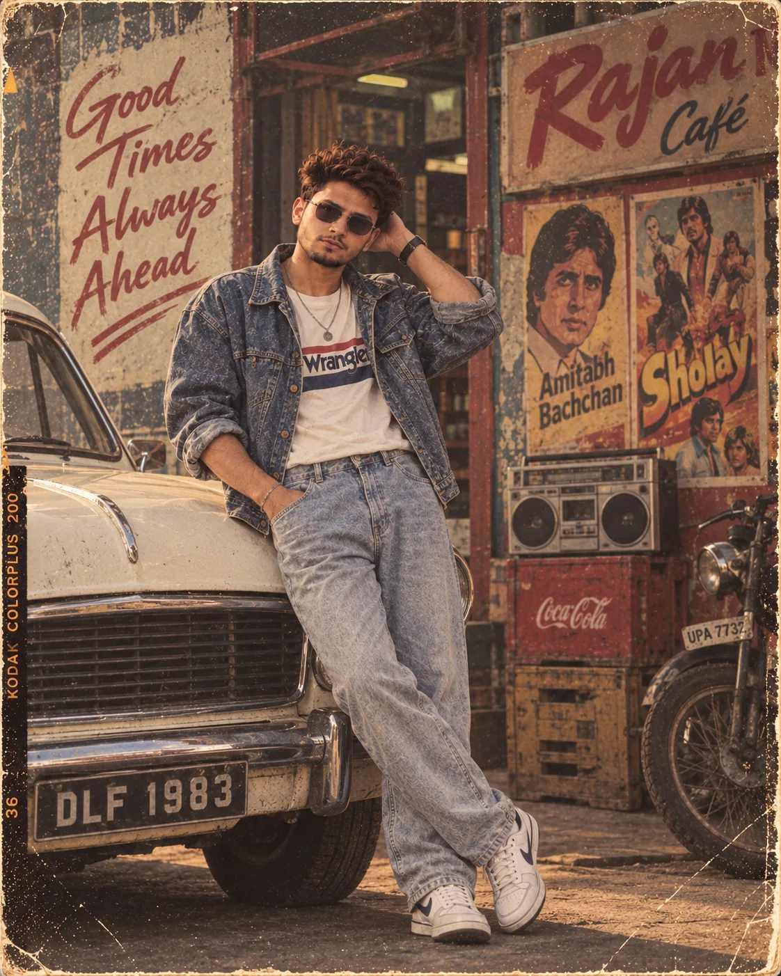 📸 Exact 1980s Vintage Street Prompt > Create a highly realistic vertical 4:5 cinematic 1980s Indian retro fashion photograph, using the