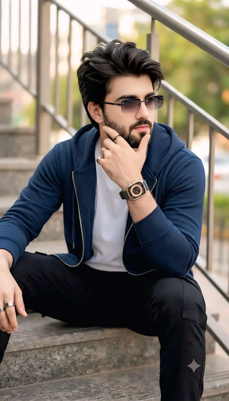 **Prompt:** > Ultra-realistic, high-resolution cinematic portrait of a handsome young man sitting casually on outdoor stone stairs.