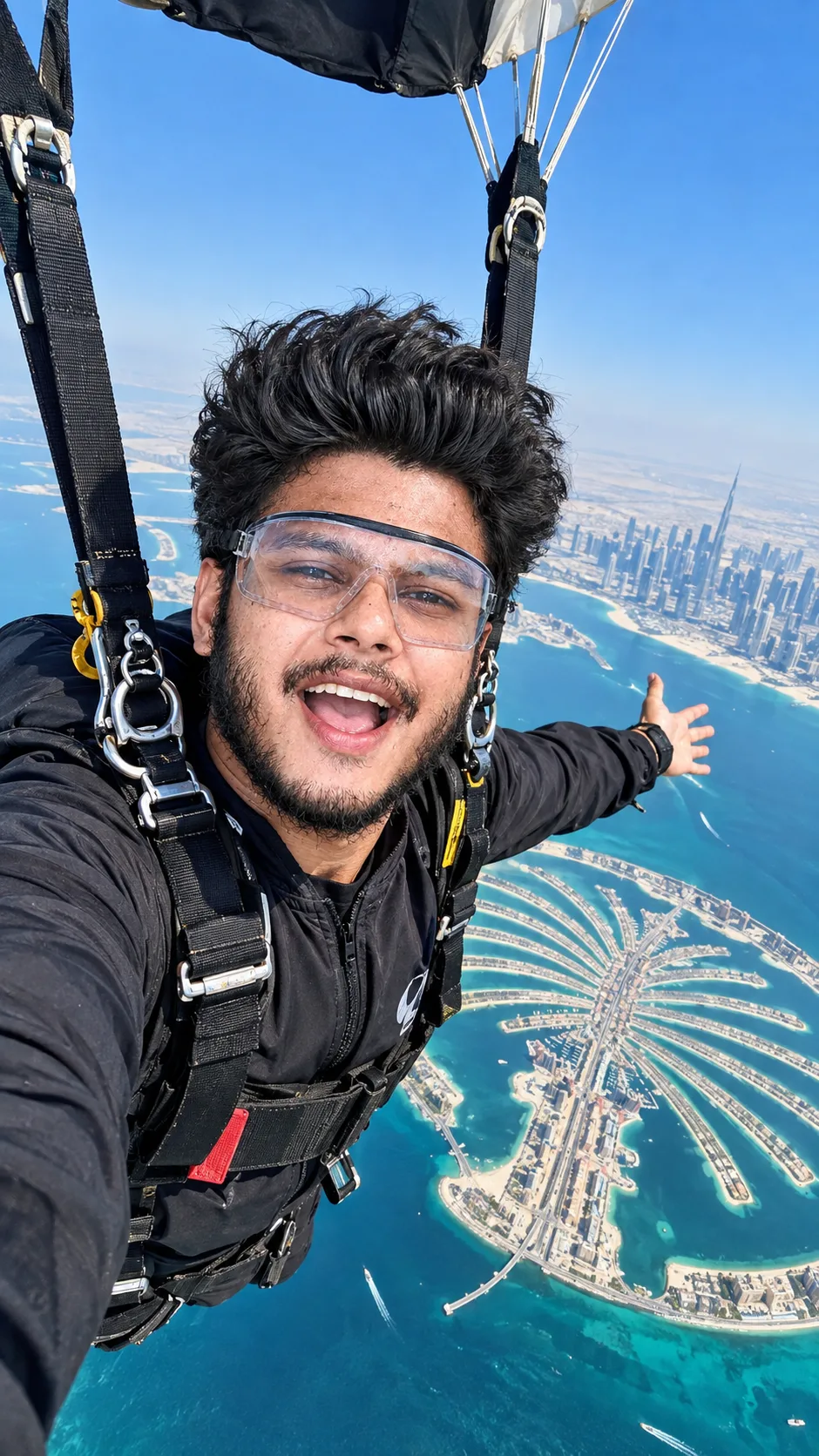 Prompt: A thrilling close-up selfie of a young South Asian man with curly black hair, short beard, and mustache, wearing clear protective