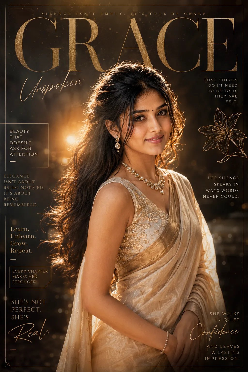"A luxury editorial fashion poster featuring a graceful young South Asian woman wearing an elegant champagne-gold silk saree with an
