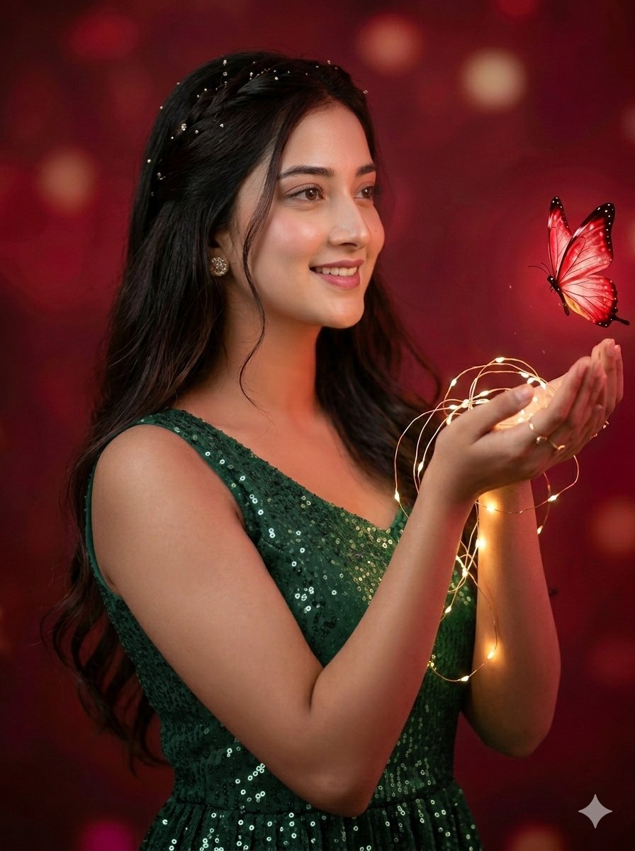 Image using on Gemini Nano banana pro 2 Prompt👇 "Portrait of a 29 years young girl, dreamy nocturnal magical-cute hair style, waist-up 3/4