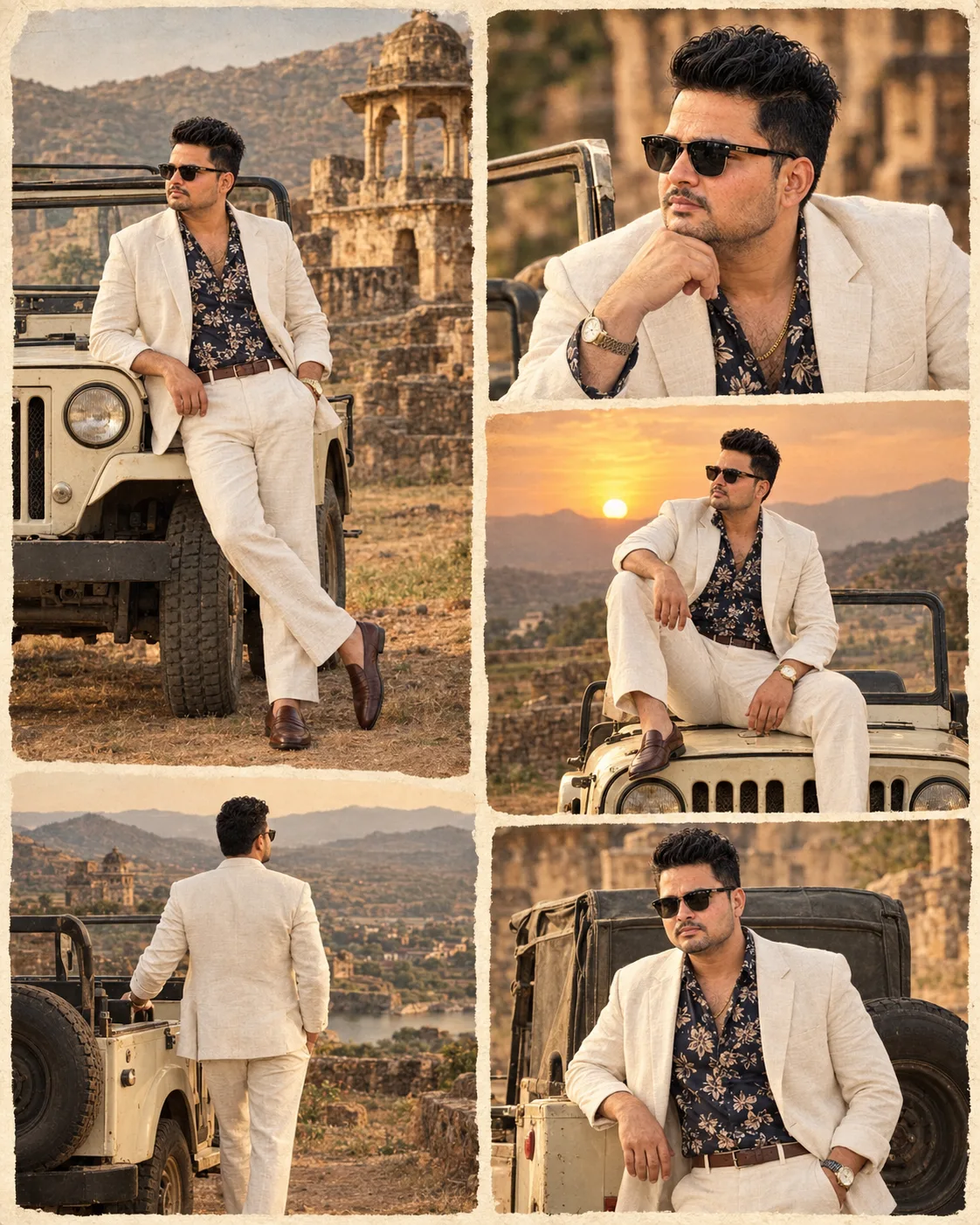 Create a highly realistic vertical 4:5 vintage 1970s Bollywood fashion editorial collage featuring the same man from the reference image.