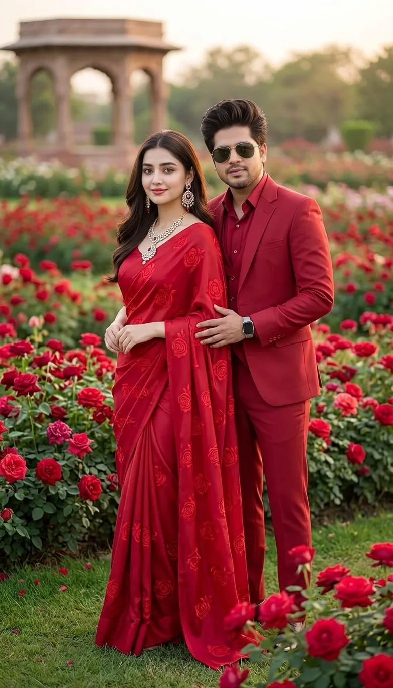 > **Concept:** A luxurious, photorealistic full-length portrait photograph featuring the specific couple from `image_70.png`, preserving