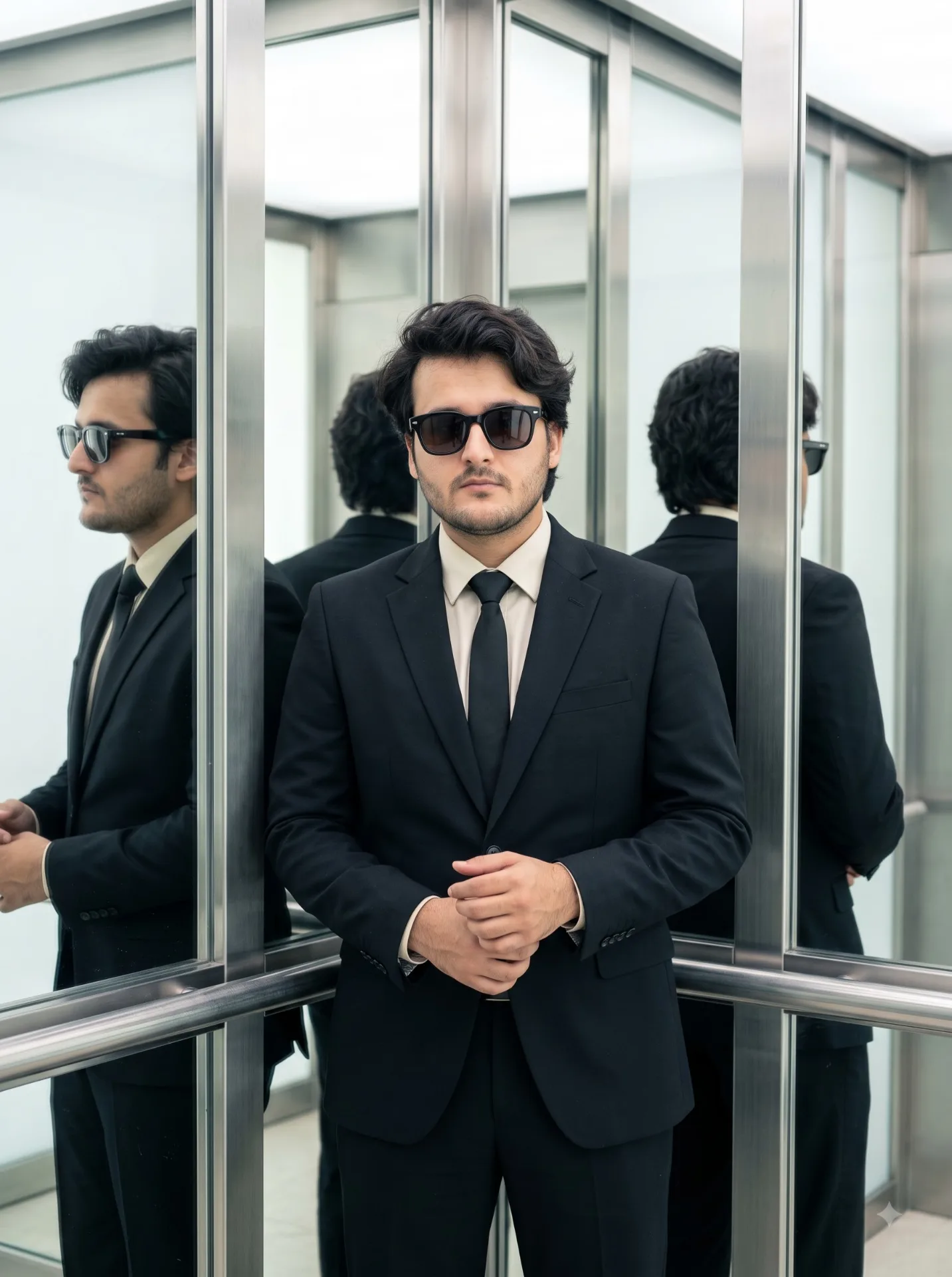 Crie uma fotografia vertical 4:5 do homem das referências anteriores, com o cabelo natural, a barba rala e o cabelo ondulado.