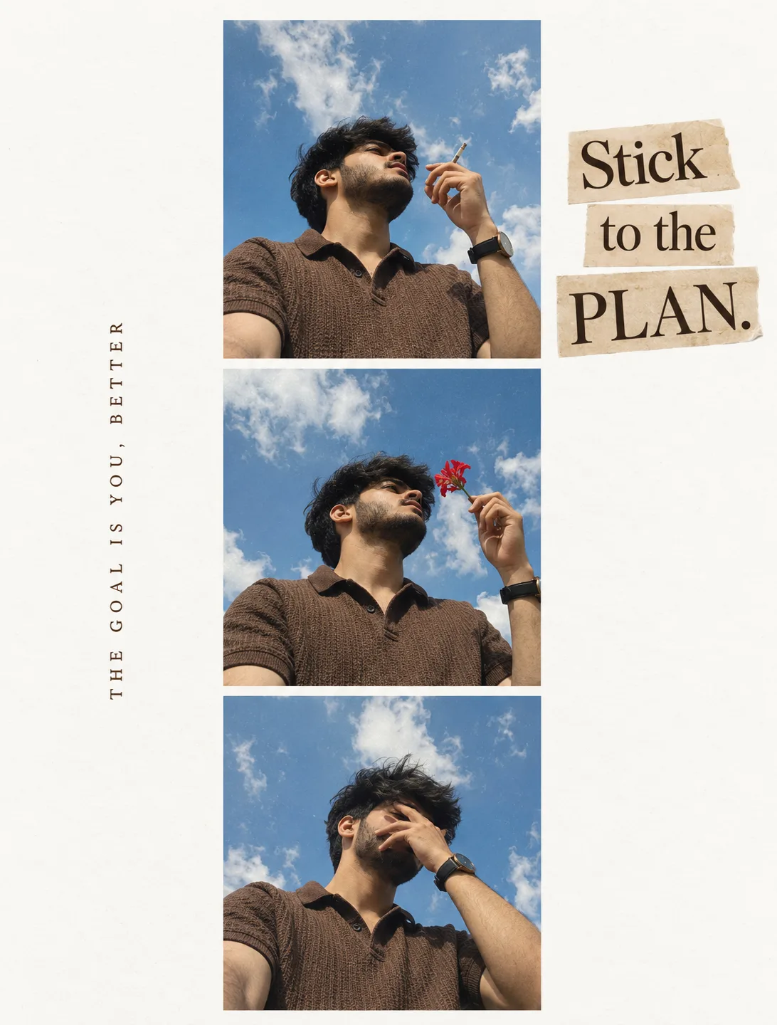 Minimalist editorial three-photo collage on a clean warm-white background, featuring the same young South Indian man with short black hair
