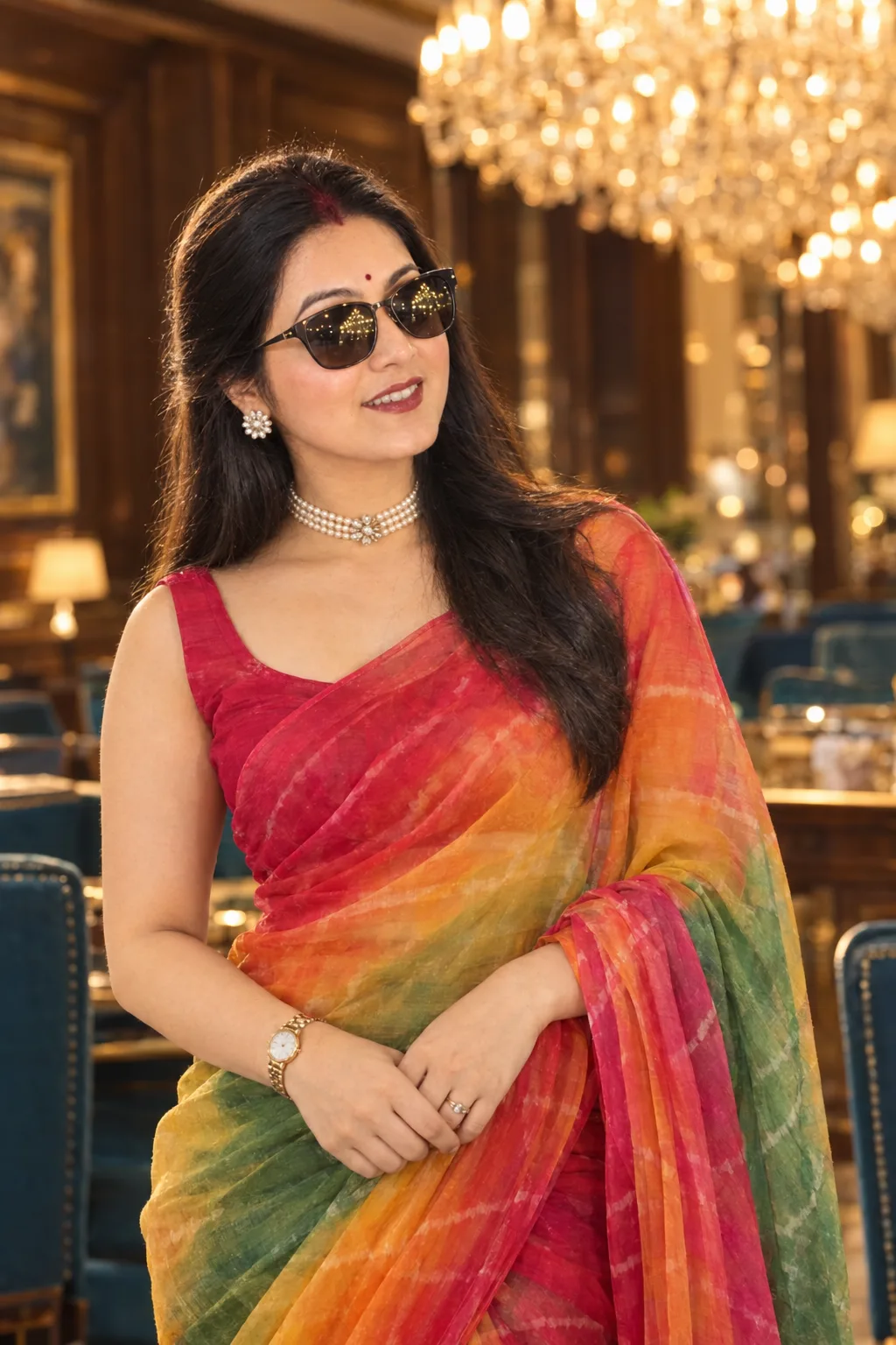 Create elegant portrait of a Indian woman (reference uploaded image) in a vibrant, translucent chiffon saree draped gracefully over her