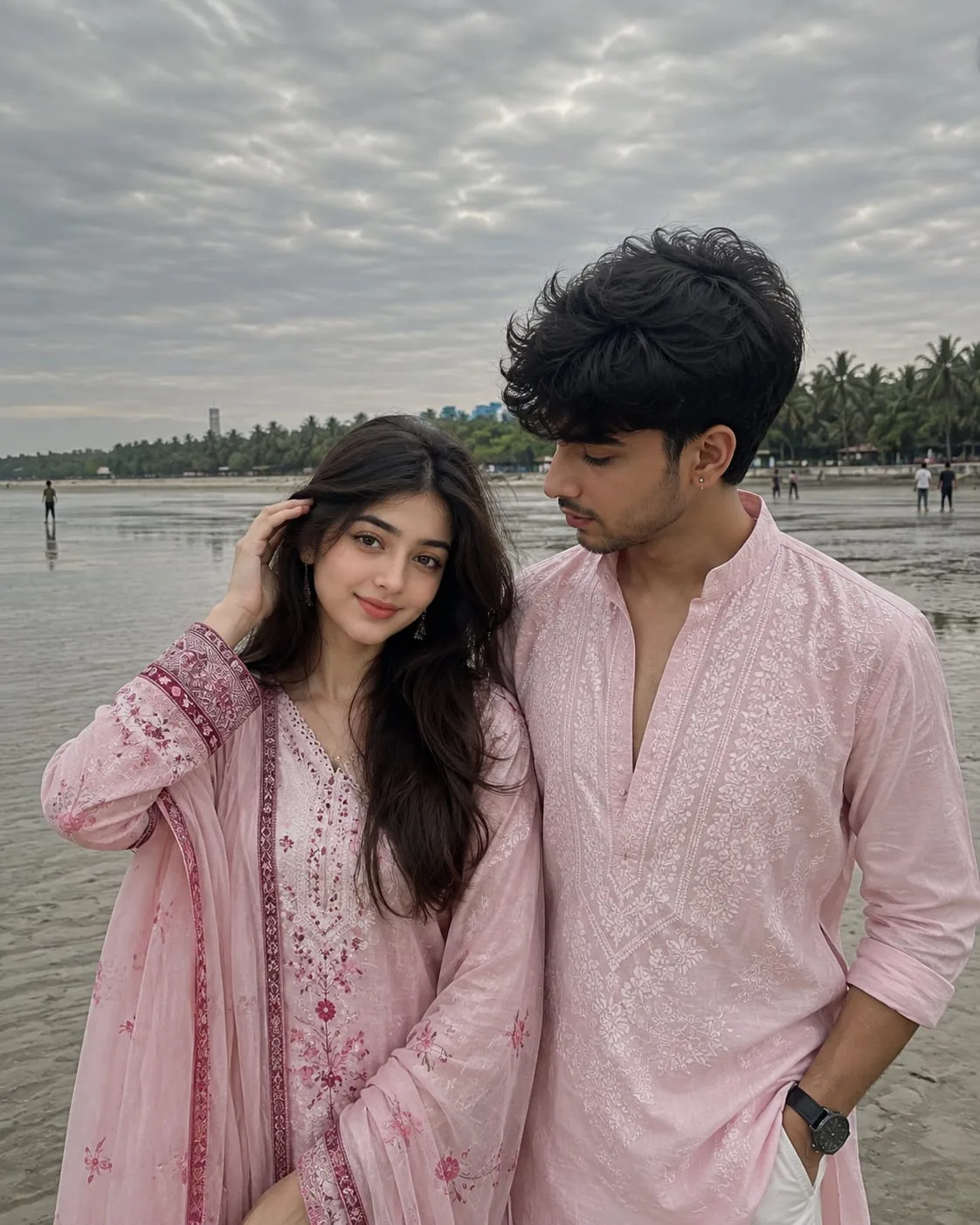 Create an ultra-realistic, high-detail cinematic vertical portrait photograph of a young South Asian couple standing naturally together at