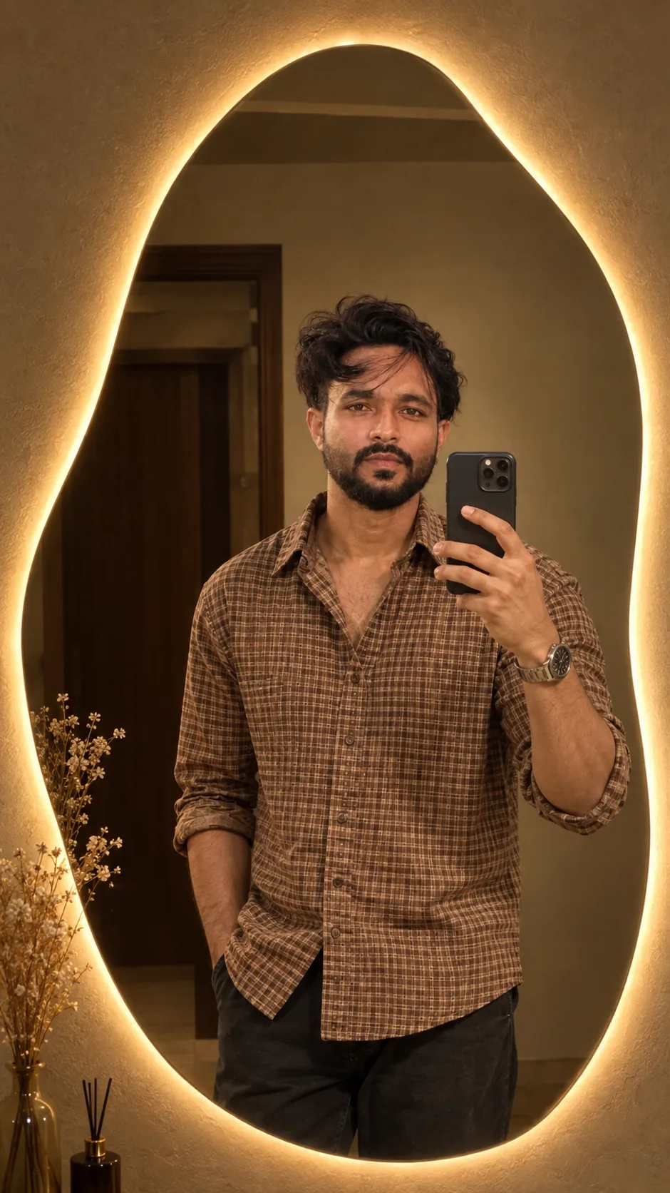Create a photorealistic, high-end cinematic mirror selfie photograph based closely on the uploaded reference image.