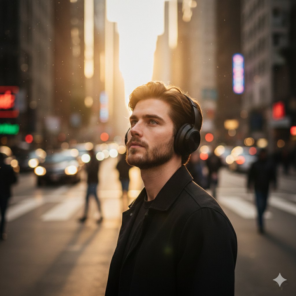 Cinematic medium shot of a man with wavy brown hair standing still in a crowded, blurred city street.