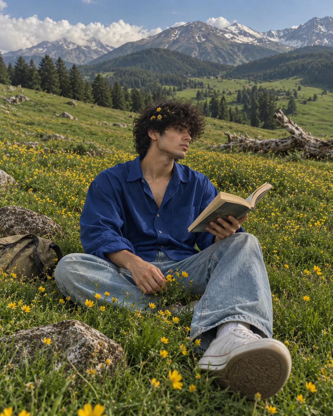 A cinematic outdoor lifestyle portrait of a young man sitting peacefully in a vibrant mountain meadow covered with tiny yellow wildflowers.