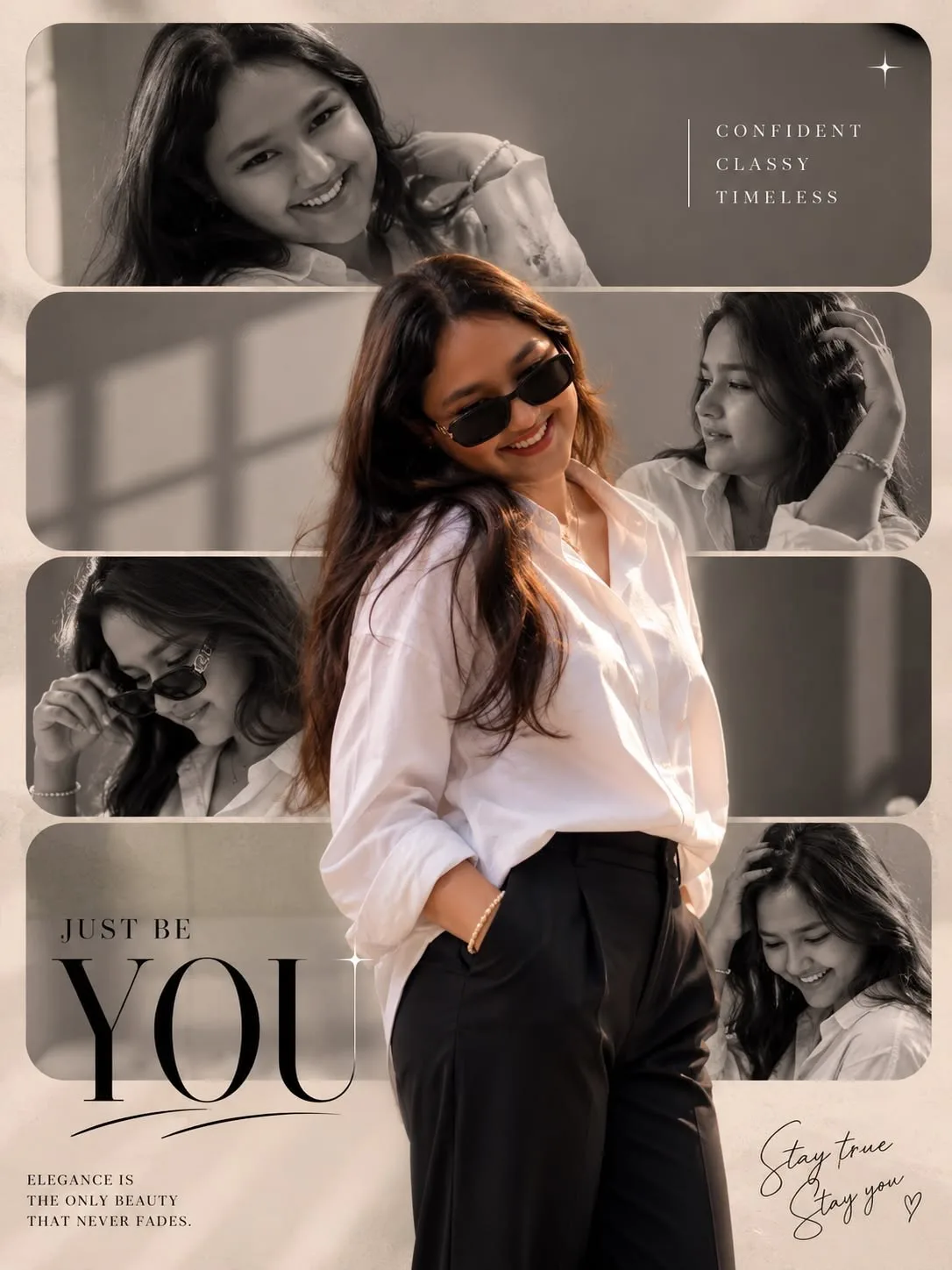 Create a high-end photorealistic fashion editorial poster closely matching the reference image.