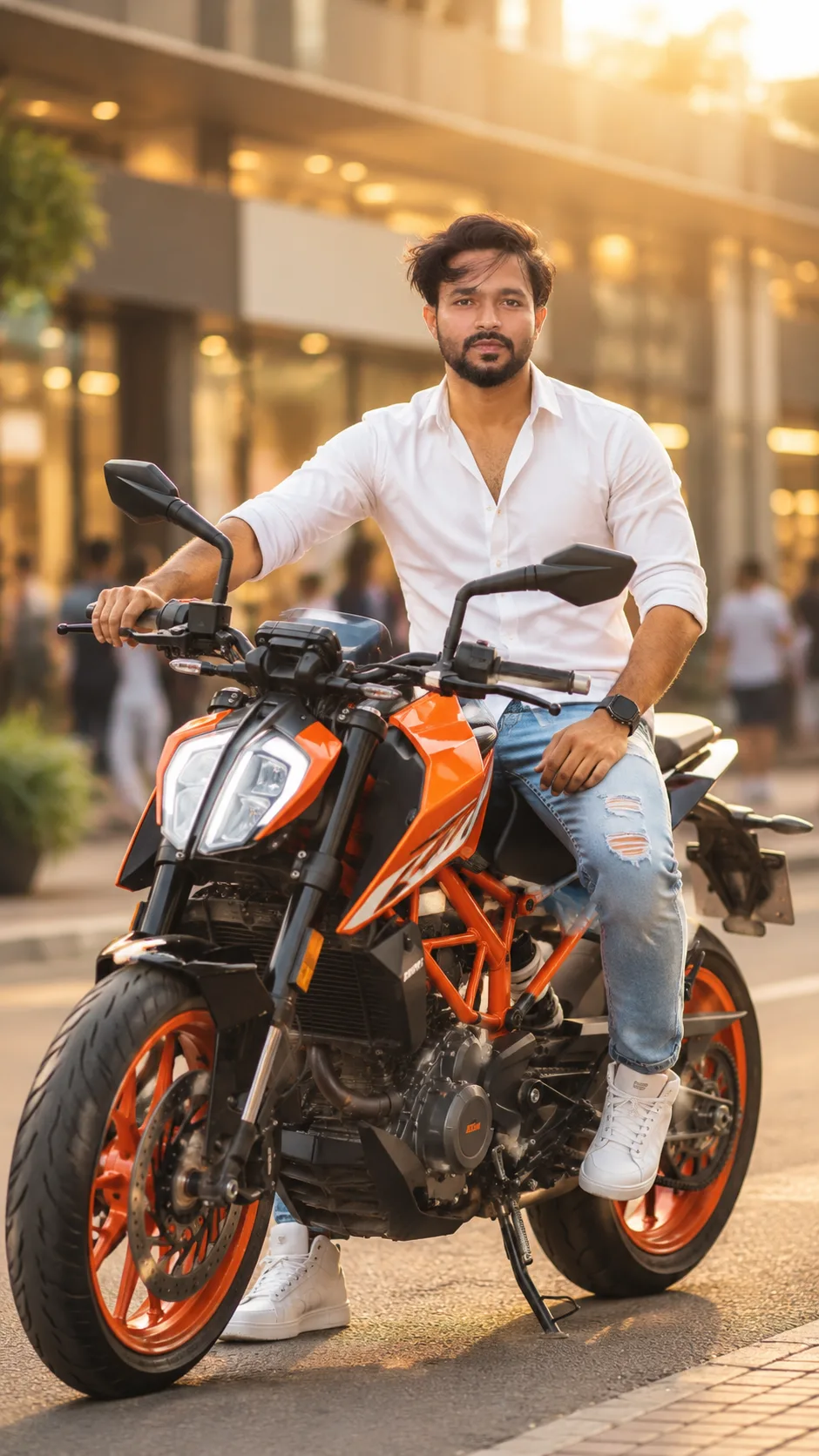 Prompt Create an ultra-realistic 4K UHD cinematic motorcycle fashion photograph, vertical 9:16, matching the composition, pose, lighting,