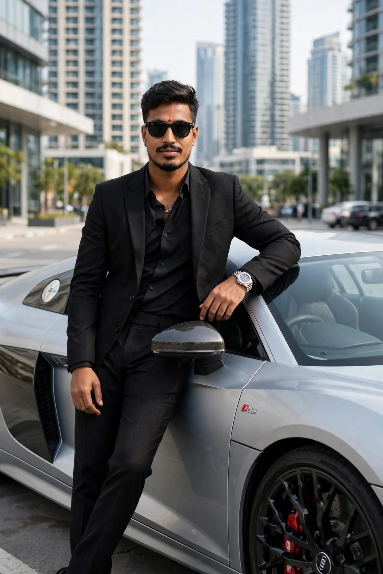 A handsome Indian man with quiff haircut, wearing black shirt, black formal suit, black sunglasses, silver watch, leaning against a silver