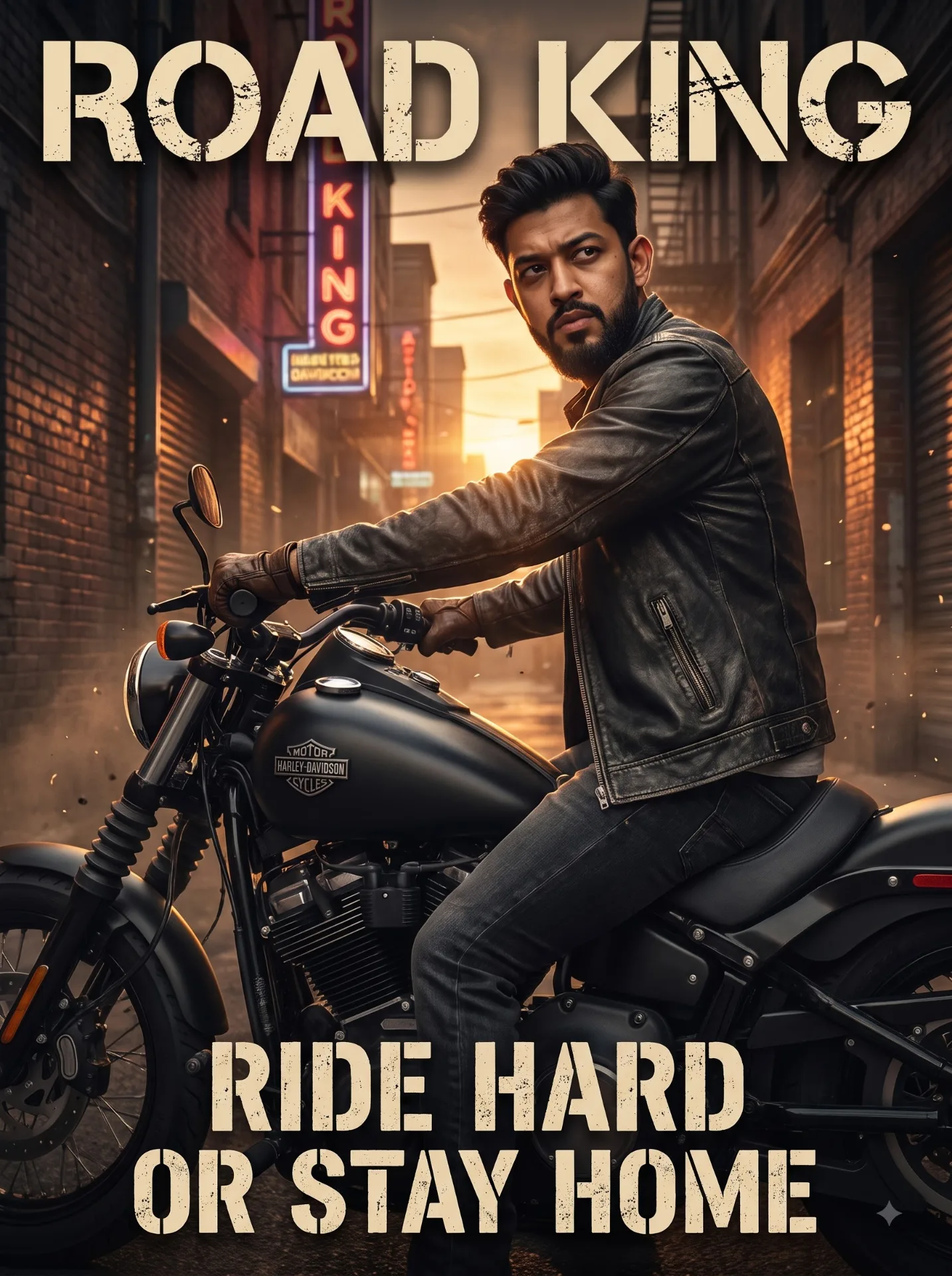Ultra-realistic cinematic biker poster featuring me using my uploaded reference photo for a 100% exact face match.