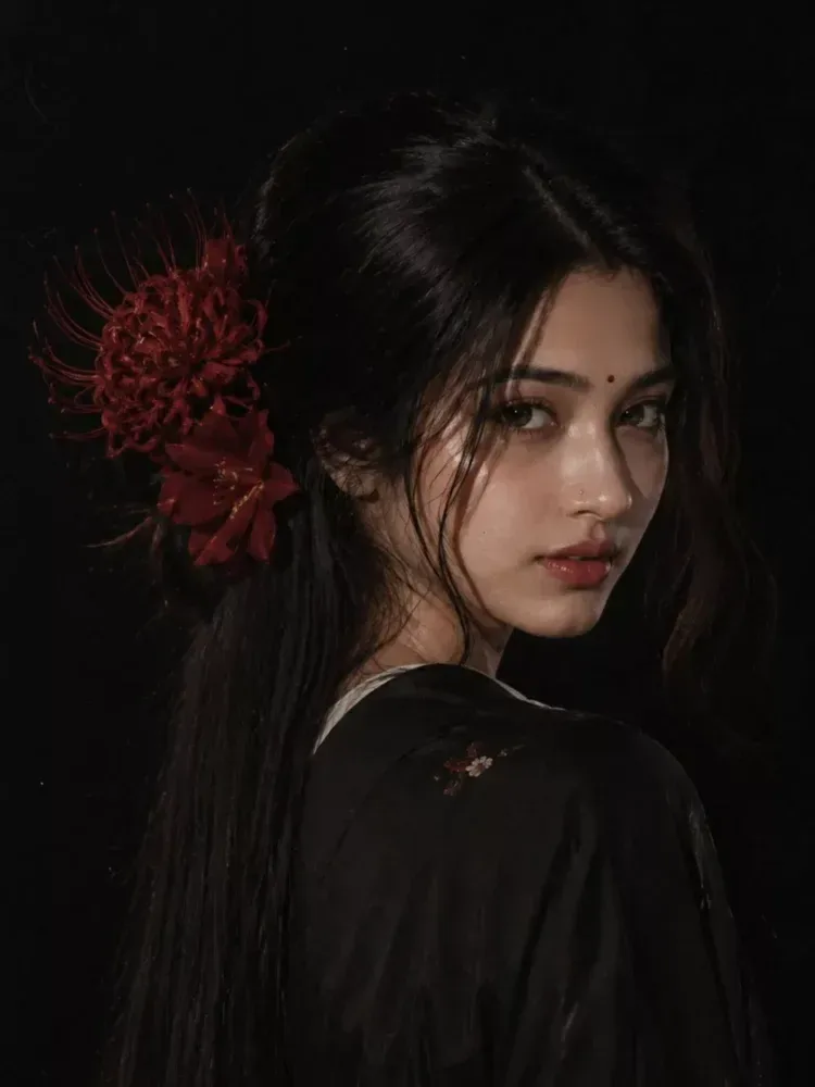 A girl in side profile pose, looking back at camera, long straight black hair, soft bangs, big red spider lily and red daylily flower on