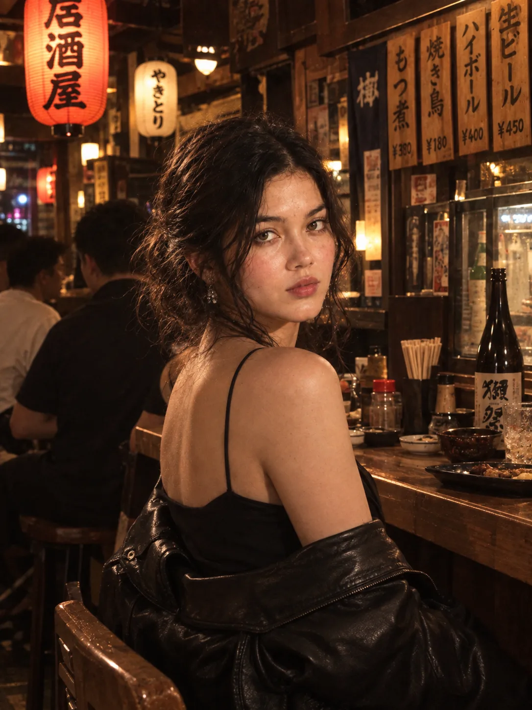 Prompt :A young "East Asian woman" with dark hair styled in a loose up do, sitting at a wooden counter in a cozy, dimly lit Japanese