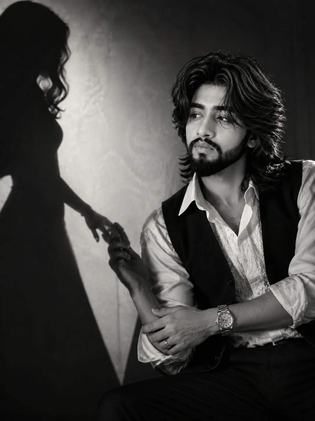 A high-contrast monochrome cinematic portrait, maintaining the exact face, skin tone, facial features, hair, and facial hair of [User