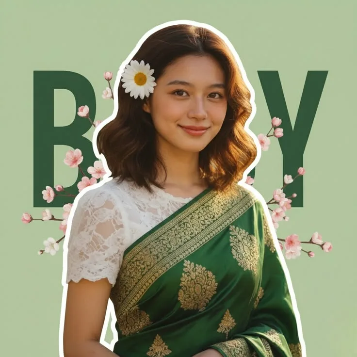 Create a soft, elegant editorial portrait of a young woman wearing a rich emerald-green silk saree with intricate antique-gold floral