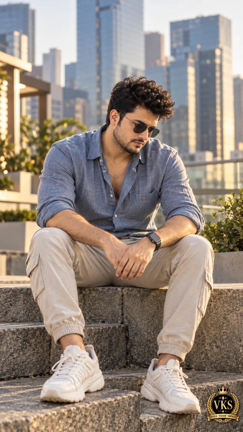 A young South Asian man with tousled curly dark hair, light stubble, and dark sunglasses, seated casually on outdoor stone steps.