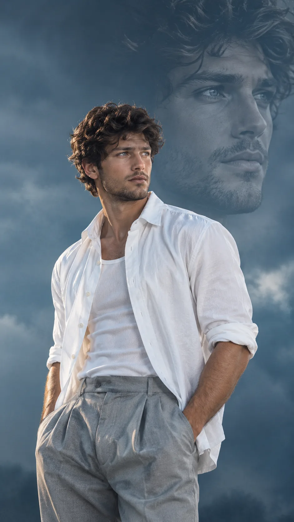 A cinematic, high-end portrait of a handsome man, captured from a slightly low angle to enhance presence and depth.