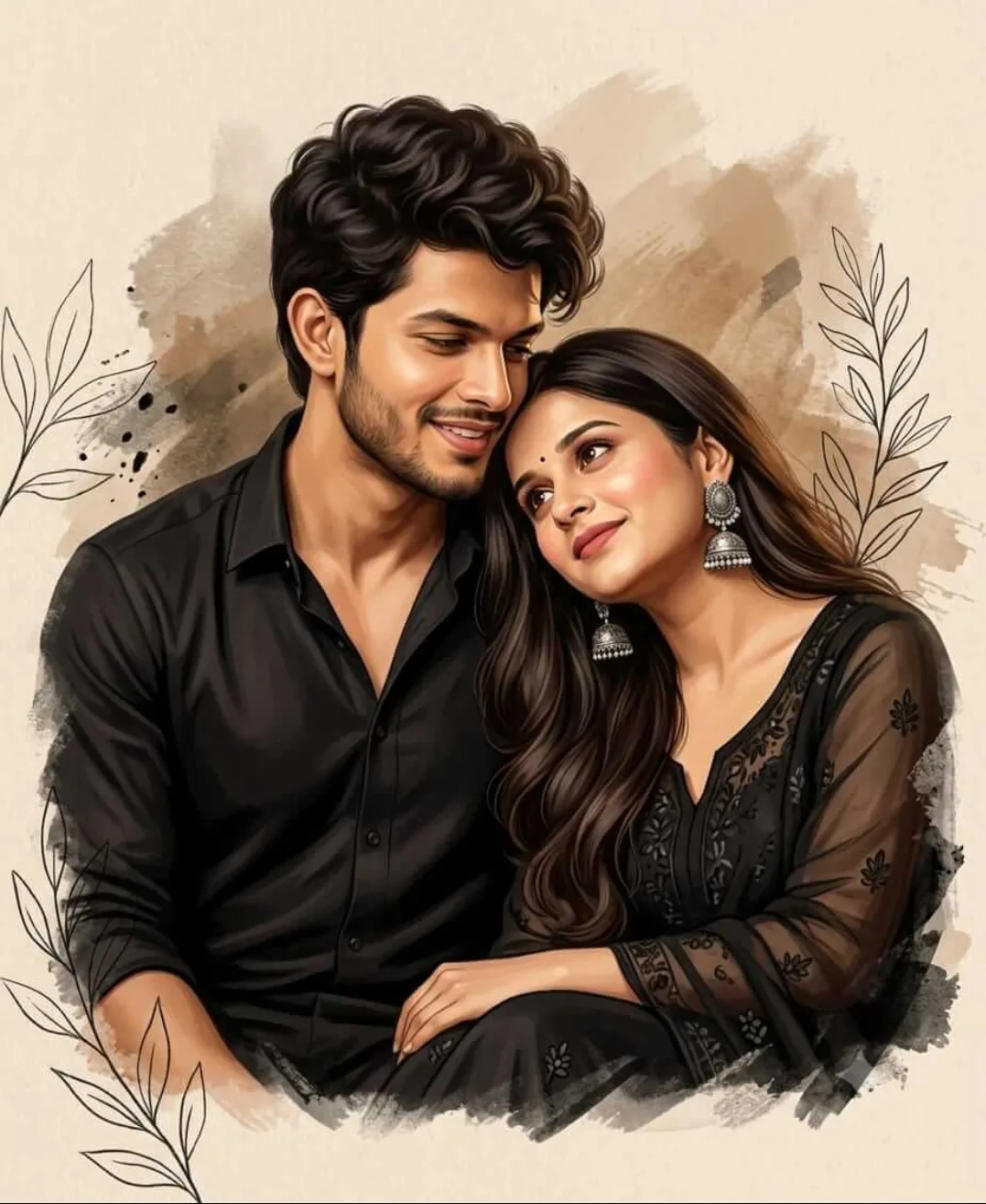 A romantic couple portrait of a young Indian man and woman in a soft artistic painted style.