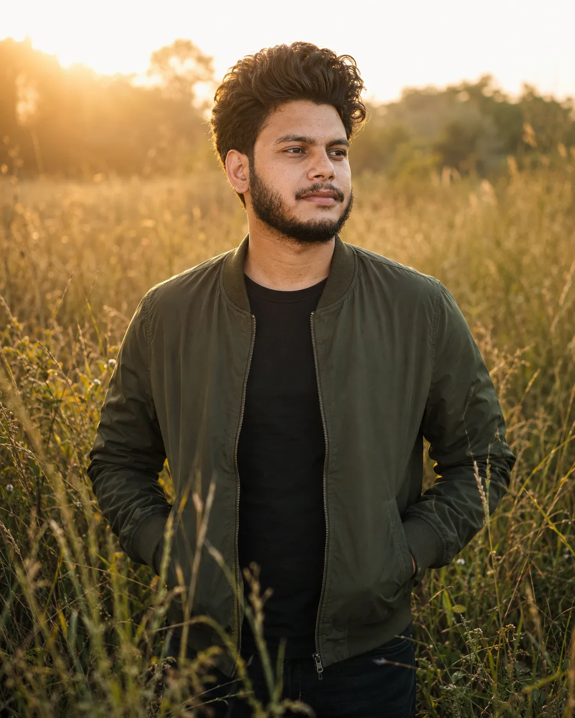 Create a premium ultra-photorealistic cinematic fashion portrait of a young adult male model standing naturally in a tall wild grass field