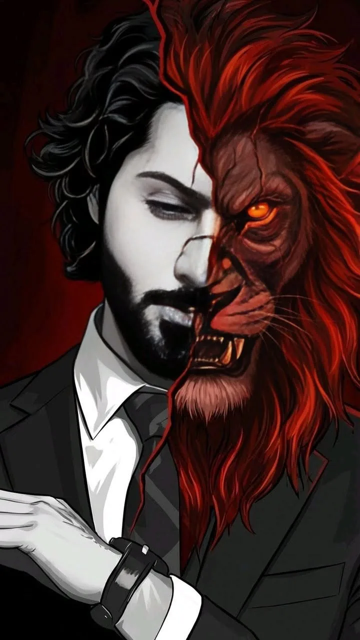 A striking comic-book style digital illustration featuring a split-face concept portrait.