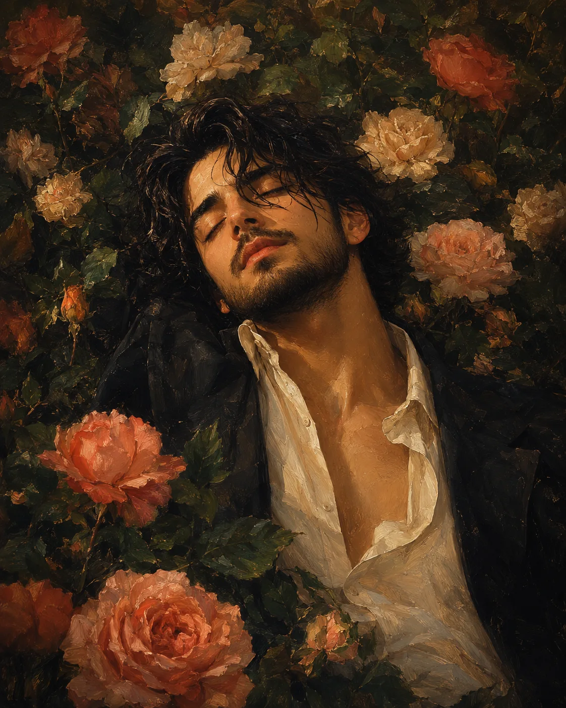 A highly cinematic, romantic **fine-art oil painting of a beautiful young adult man lying peacefully in a lush garden filled with blooming