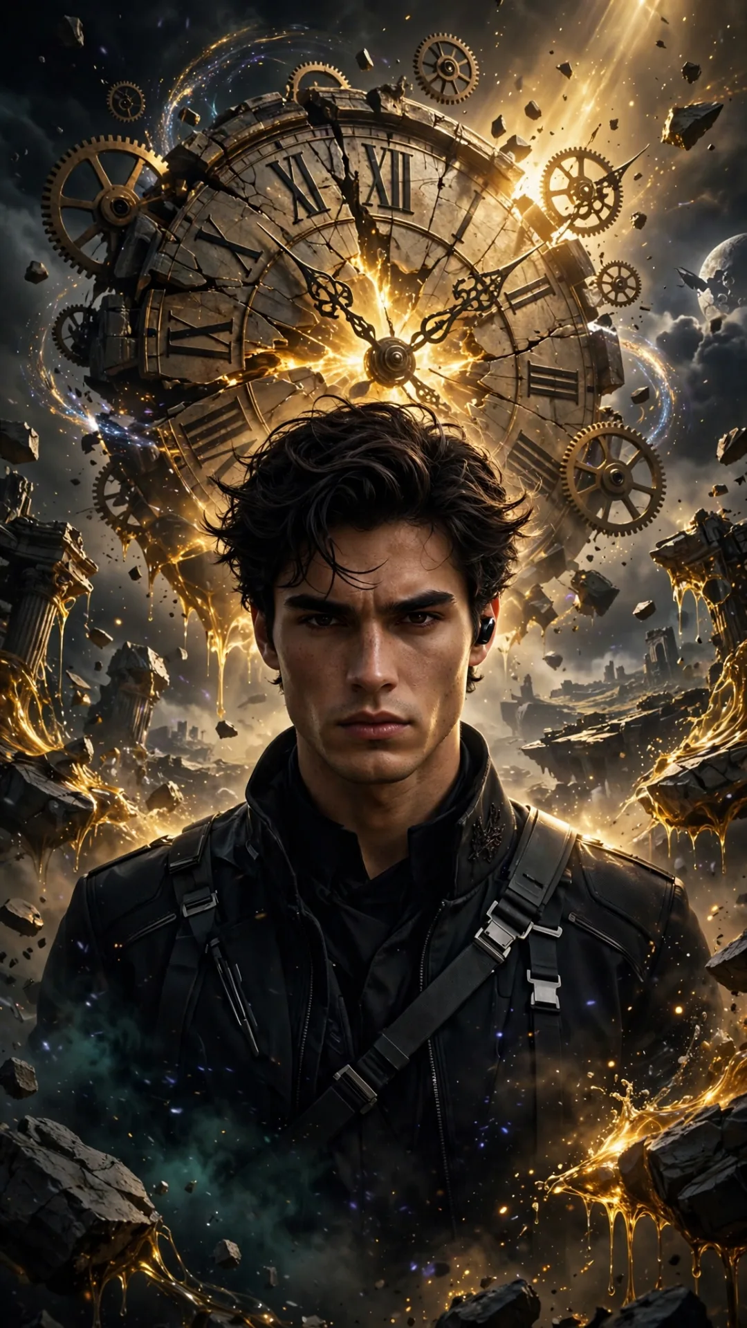 Create an extraordinary and visually unforgettable cinematic portrait of a handsome young man in a surreal and impossible world.