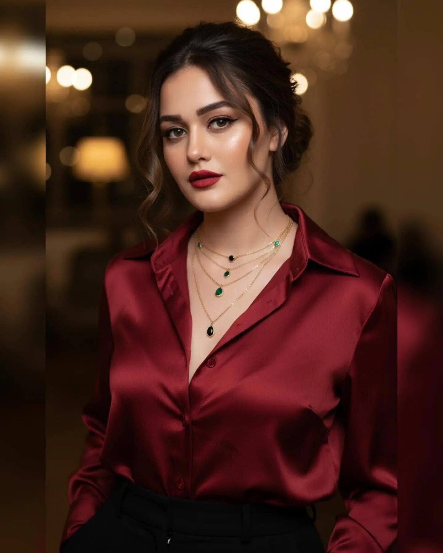 A high-quality, realistic cinematic portrait of a beautiful young South Asian woman posing elegantly at an upscale evening event.