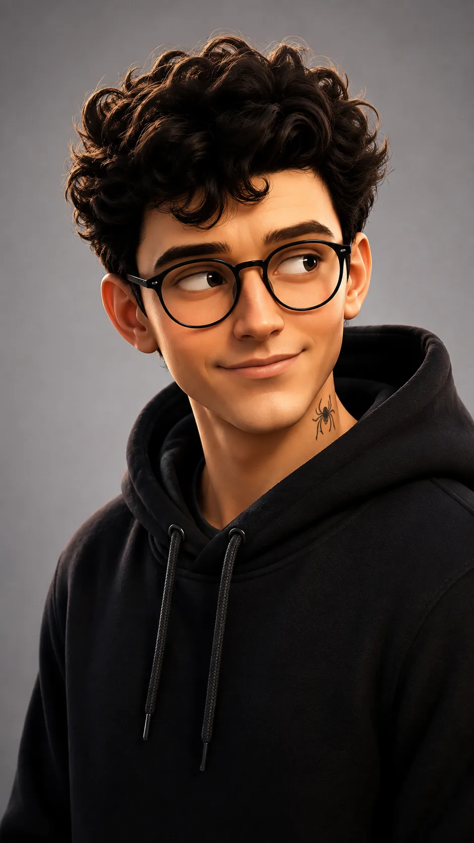 3D stylized character portrait of a young man, curly dark hair, wearing black round glasses and a dark hoodie, subtle smirk expression