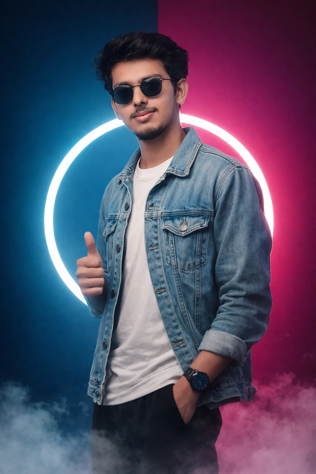 Stylish cinematic portrait of a young man wearing a light blue denim jacket over a white t-shirt, black pants, dark sunglasses, and a