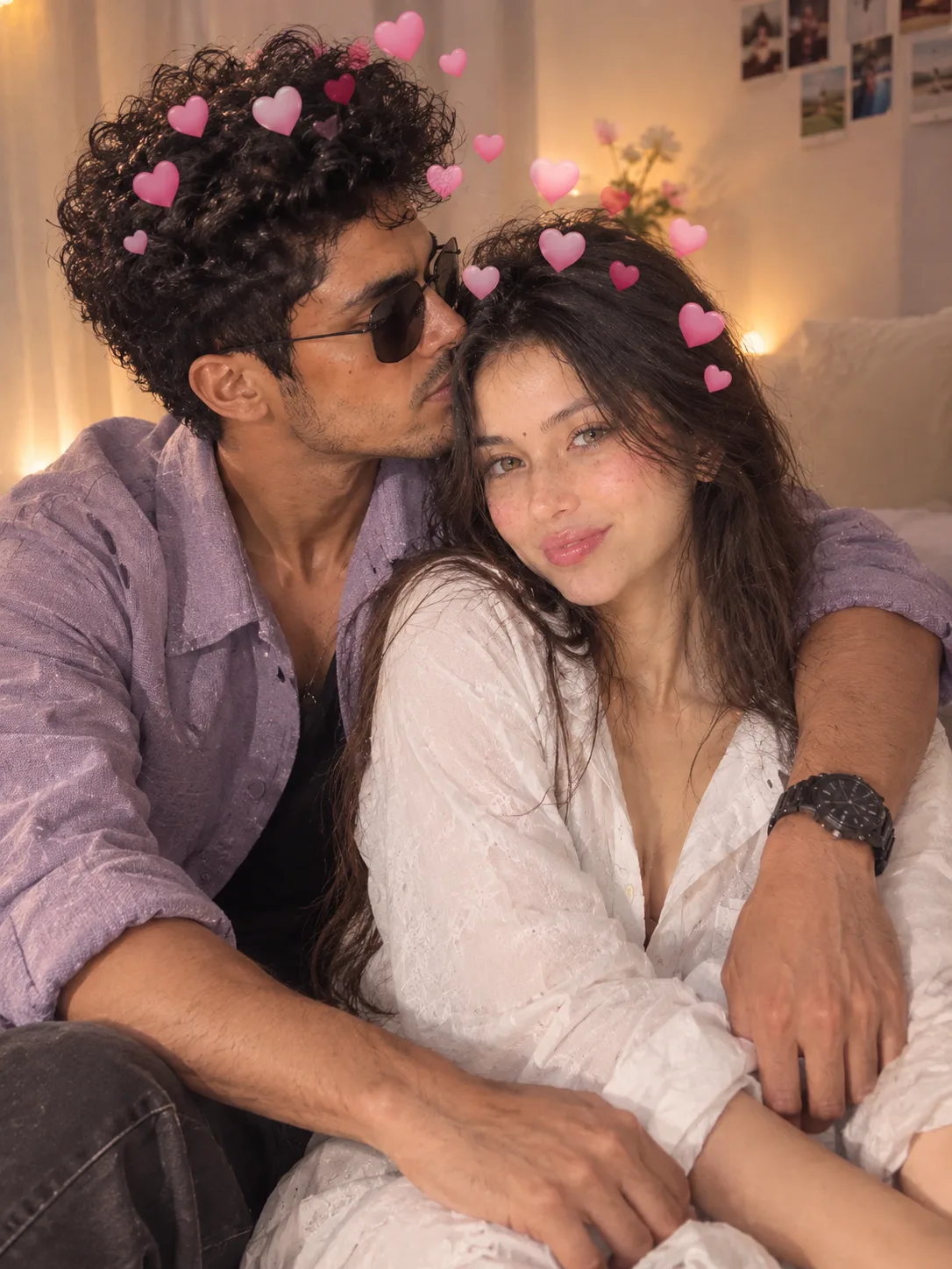 Prompt: > Ultra-realistic romantic couple portrait, cozy intimate indoor setting.