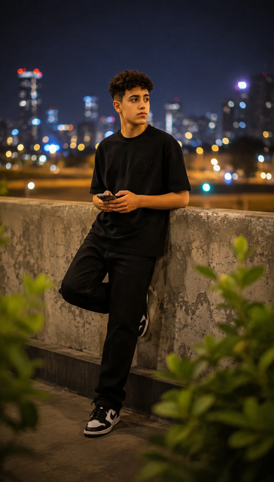 Create a highly realistic, cinematic vertical full-body portrait of a stylish young man standing casually and confidently beside a low