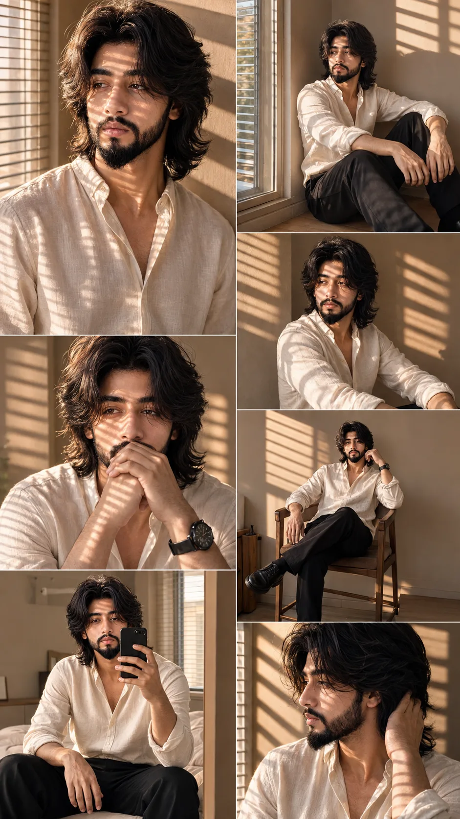Create a highly realistic **cinematic 7-panel lifestyle fashion photography collage** featuring the **same handsome young adult man**