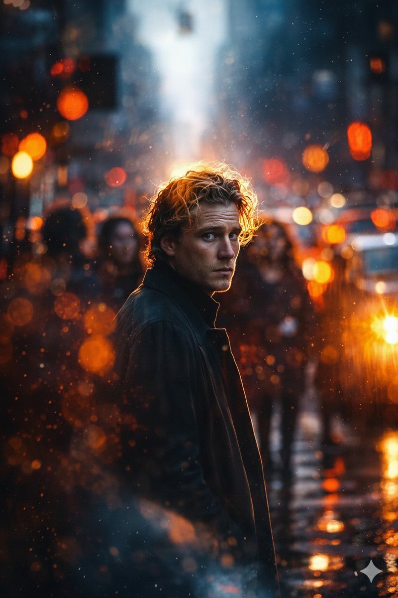 A high-definition, cinematic portrait of a young man with wavy blonde hair, looking over his shoulder with a serious expression.