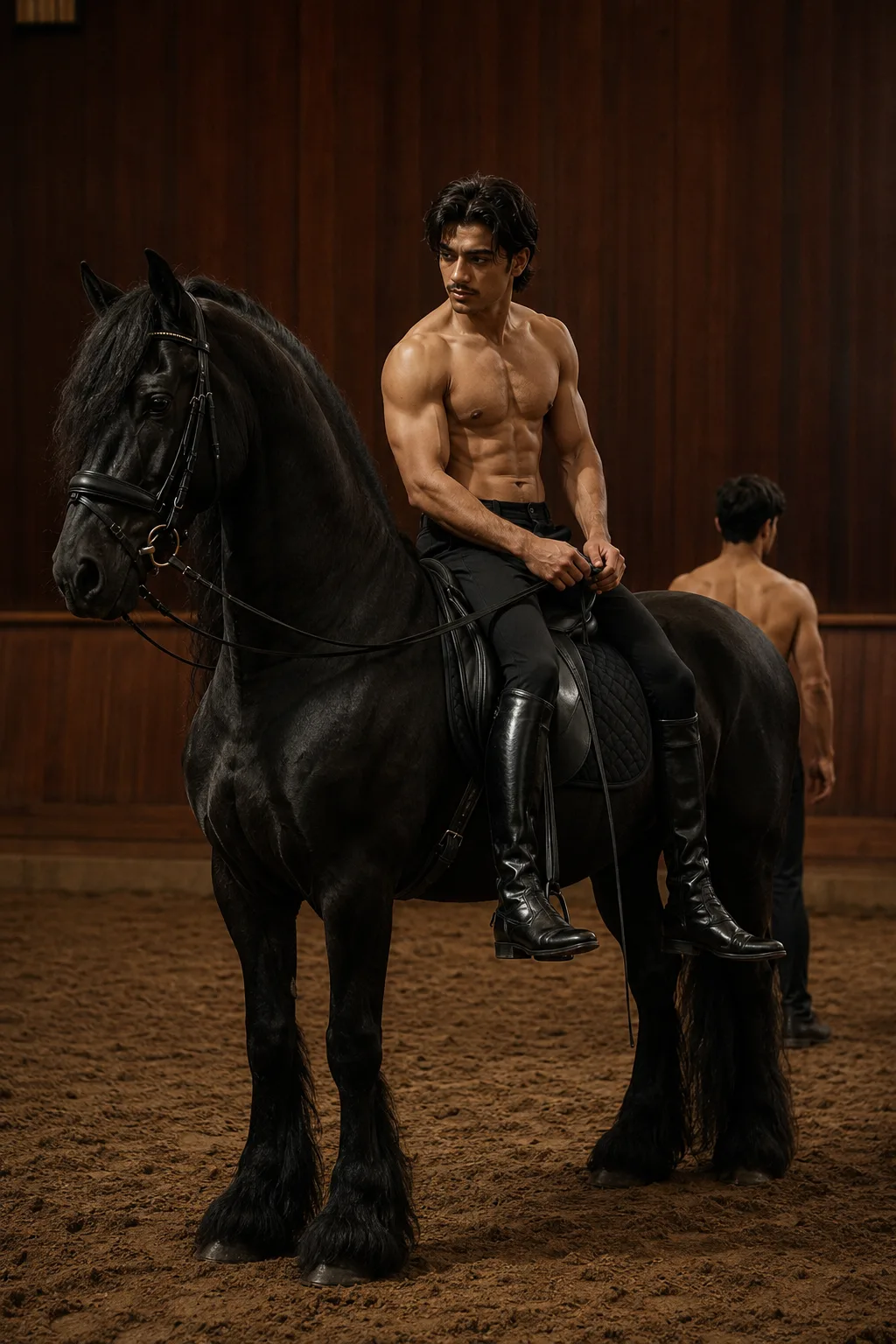 Main Prompt A photorealistic cinematic editorial photograph of a young adult male equestrian rider sitting upright on a large, powerful