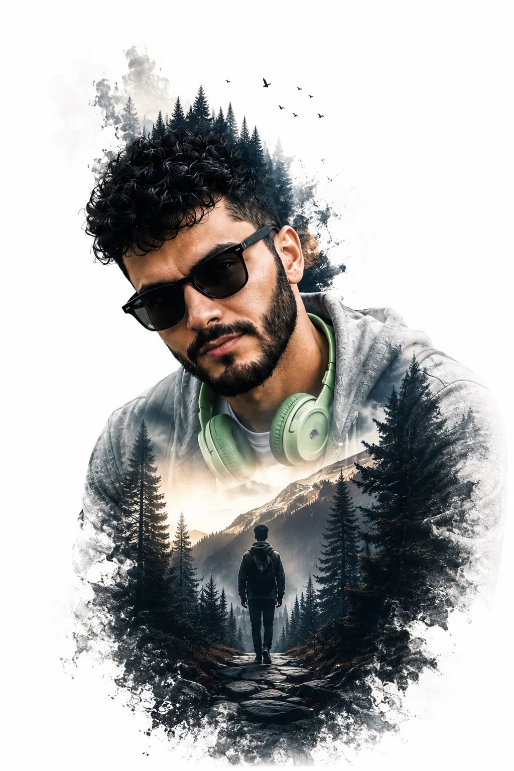 Premium Prompt by @anand.sandilya2 © Anand AI Studio ♥️ A striking double-exposure portrait of a stylish young South Asian 25 year old boy
