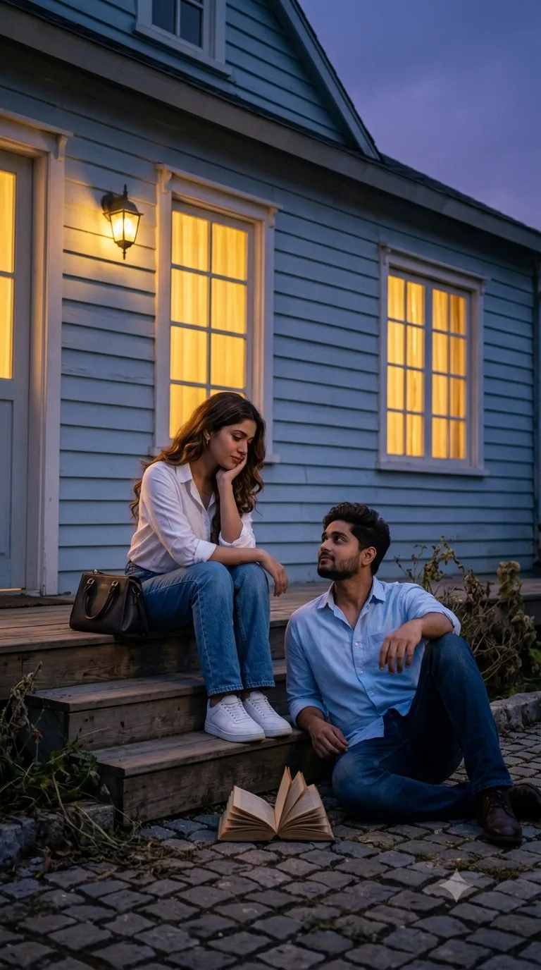 A cinematic, full-length shot of a young South Asian couple sharing a quiet, romantic moment outside a house during blue hour twilight.