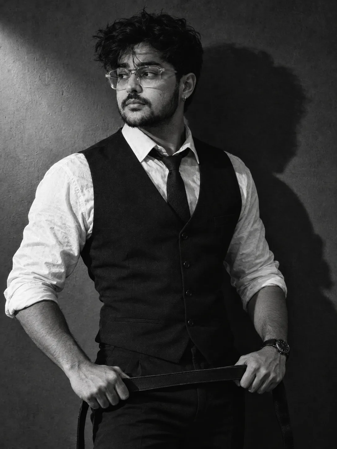 Ultra-realistic cinematic black-and-white fashion portrait of a handsome young adult man standing against a plain textured studio wall,