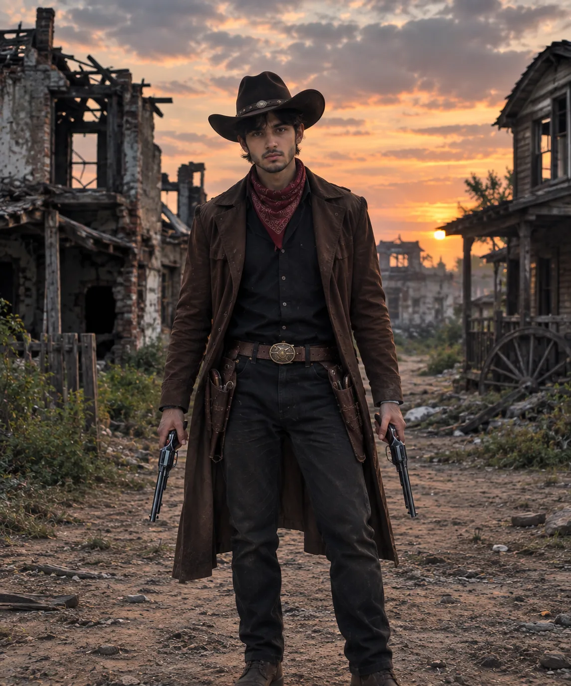 Create an ultra-realistic, cinematic full-body portrait of a young male cowboy standing confidently in the center of a deserted abandoned