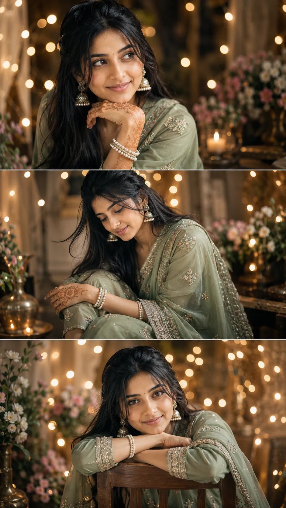 Generate an ultra-realistic three-frame festive portrait of a young Indian woman wearing a sage-green georgette Anarkali with intricate
