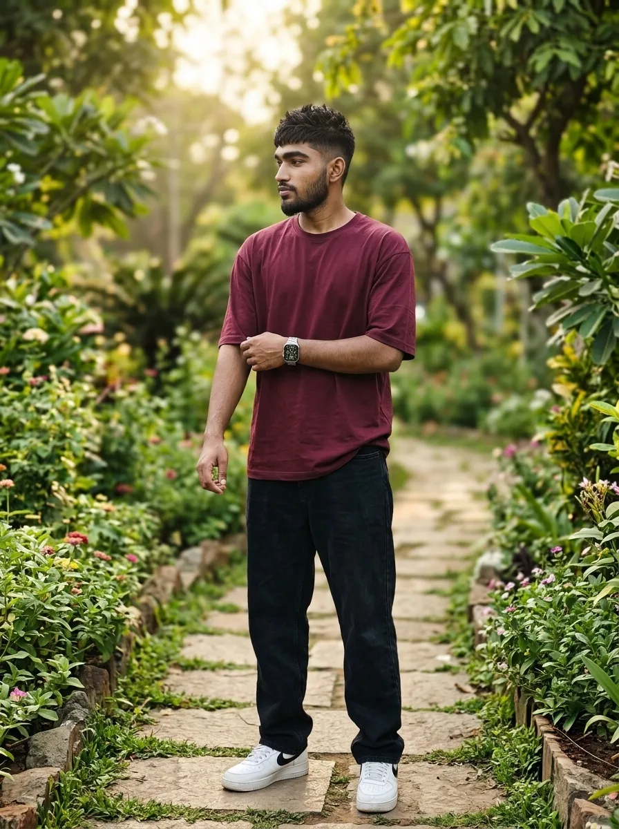 8K ultra-realistic 3:4 portrait of a young man standing on a garden stone pathway with lush greenery and soft sunlight, shallow depth of