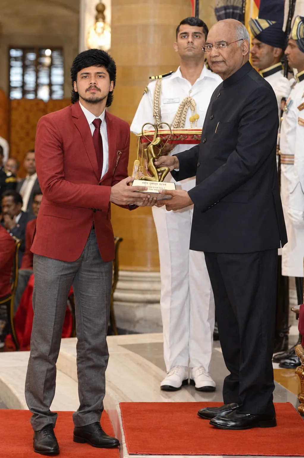 A formal, photorealistic award ceremony inside a grand historic government hall.