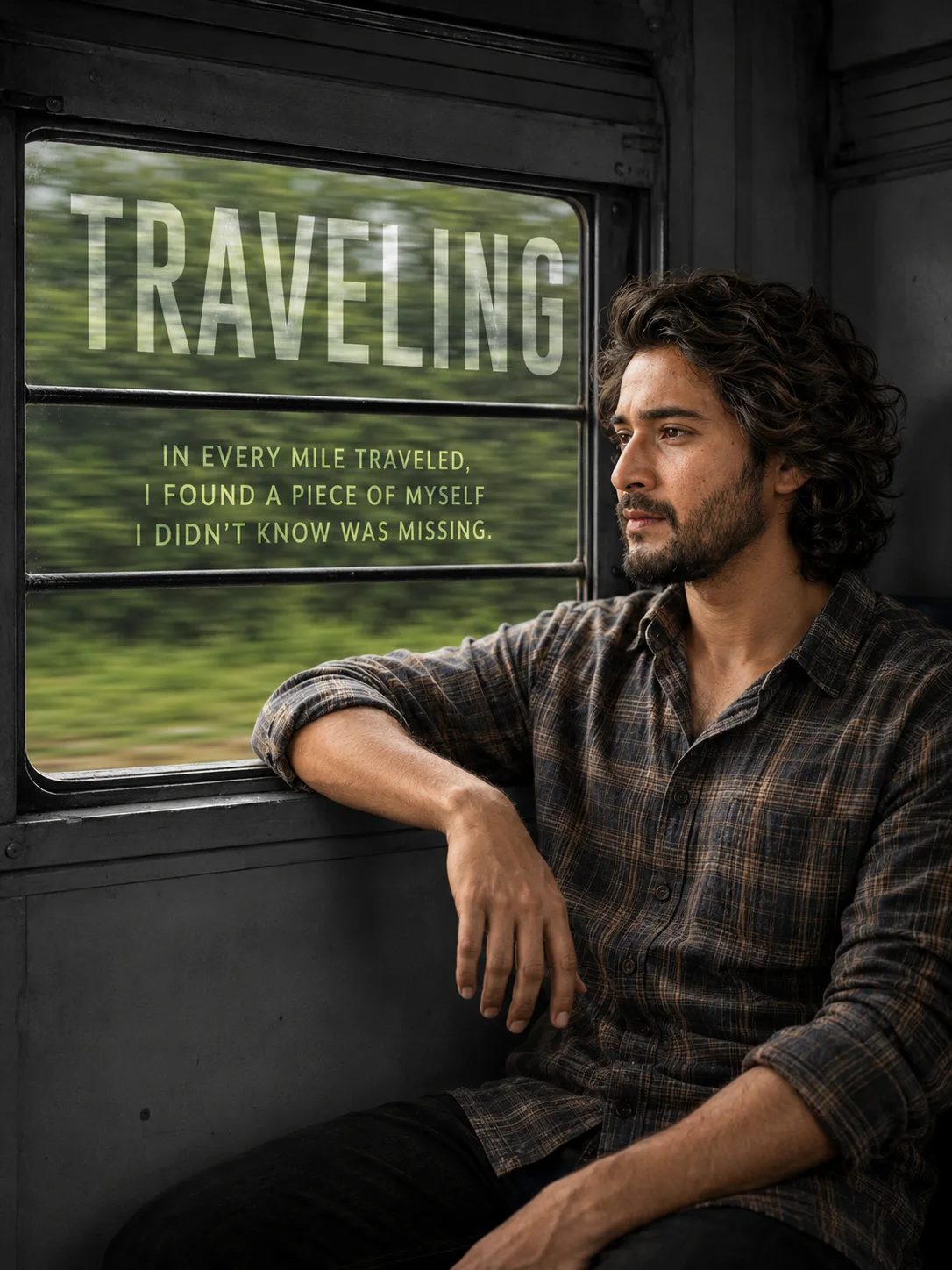 USE THE SAME INDIA RAILWAY COMPARTMENT PORTRAIT AS BEFORE YOUNG SOUTH INDIAN MAN SEATED BESIDE THE BARRED WINDOW, ELBOW ON THE LEDGE, FACE
